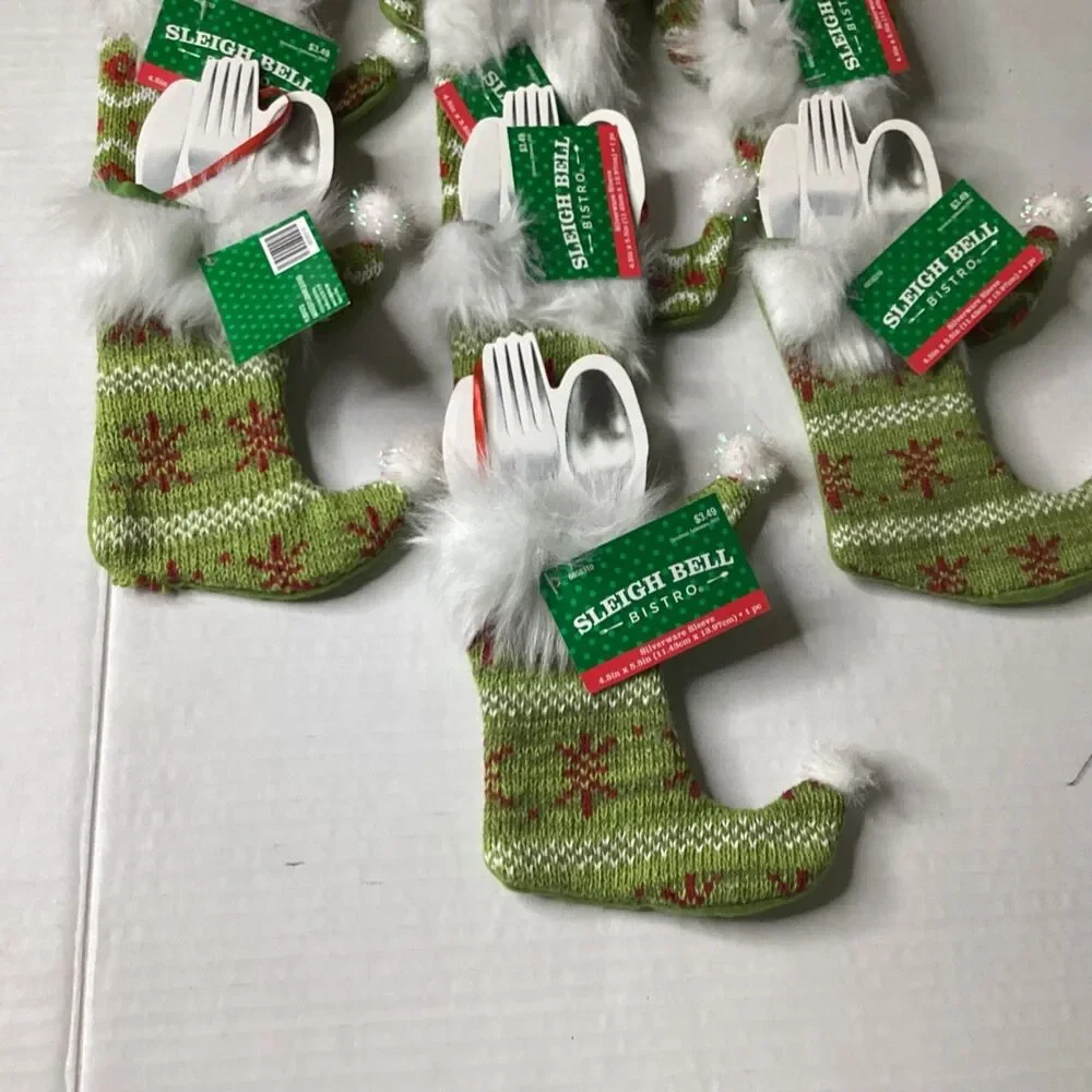 Sleigh Bell Bistro Christmas Knit Silverware Holder Stockings Set of 10 New